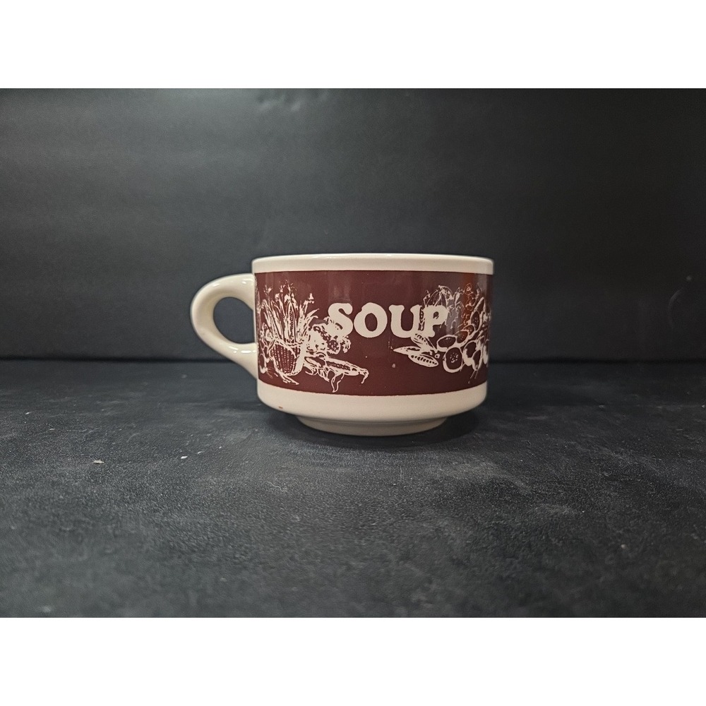 Vegetable Brown‎ Stoneware Mug Bowl, USA Pottery, Handled Soup Mug, Cream Base